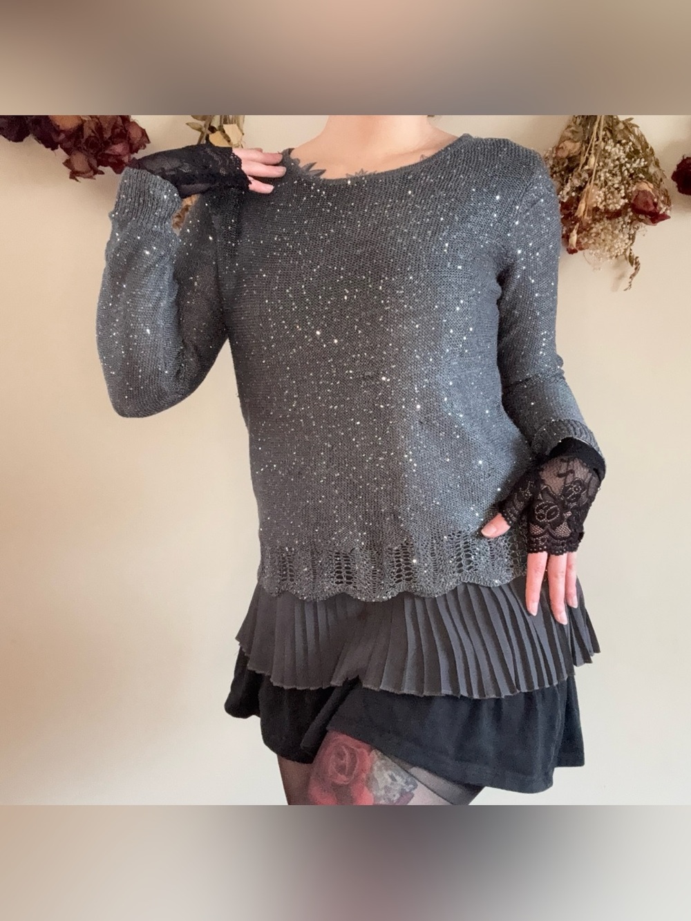 layered sparkly sequin gray sweater ๐ฉถ | fairycore fairygrunge preppy minimalist